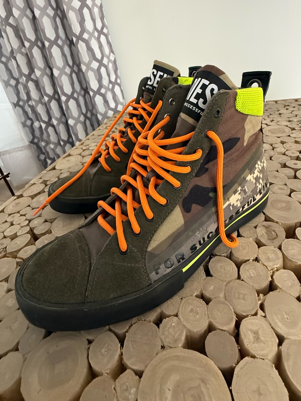 Diesel Camouflage High-Top Sneakers with Orange Laces
